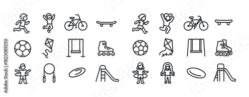 Outline icons of outdoor activities for kids: running, cycling, skating