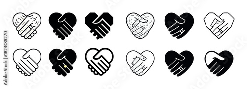 Heart-shaped handshake symbols in black and white design variations