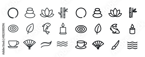Japanese zen symbols: bamboo, lotus, koi, candle, tea, fan, brush, meditation icons