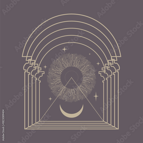 Astrology and esoteric symbols. Sun, crescent moon and stars in arch frame.