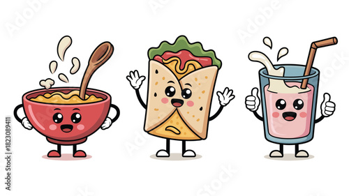 Cute food characters, cheerful meal mascots