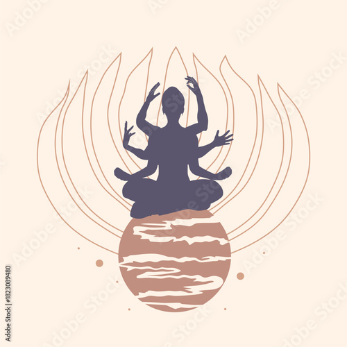 Silhouette of a multi-armed meditating girl with six arms, in the Lotus position. Happy relaxed female character performing meditation exercise