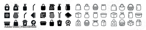 Collection of 40 eco-friendly product icons: bags, jars, cups, boxes, baskets