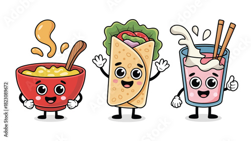 Cute animated meal and beverage mascots