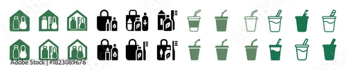 Eco-friendly icon set: recycling, shopping, takeaway cups in green and black