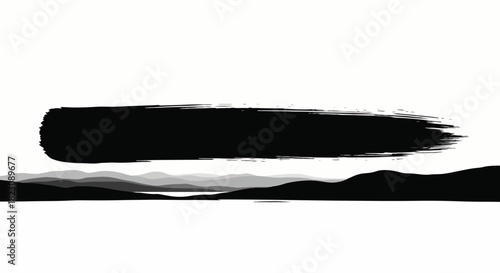 Abstract landscape. Black brushstroke above layered hills. Minimalist, artistic design in black and white. Serene.