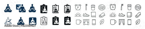 Yoga and daily routine icons - meditation, checklist, fitness, morning, hygiene
