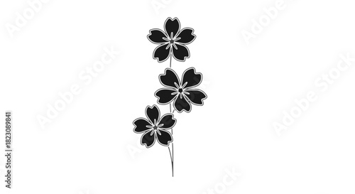 A black silhouette graphic of three stylized, five-petaled flowers arranged vertically on a stem, against a white background. Minimalist design.