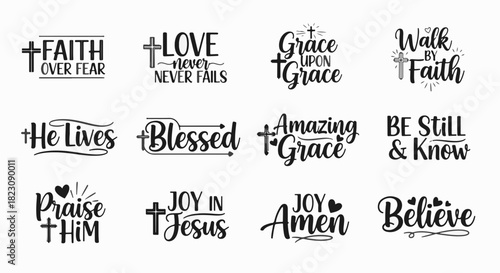 Black & white vector collection of faith-based typography designs featuring crosses & religious phrases like Faith over Fear and Amazing Grace.
