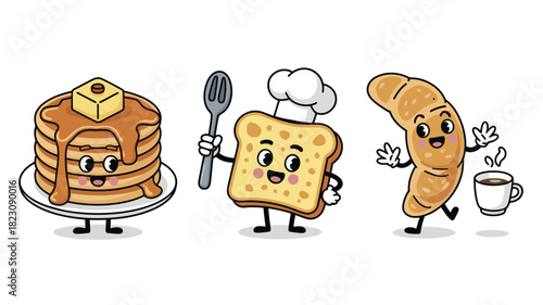 Happy breakfast food characters vector set