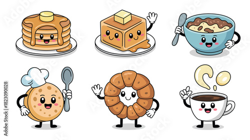 Adorable breakfast food cartoon set icons