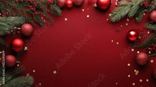 Wallpaper Mural A festive arrangement of red ornaments and pine branches on a rich red background, perfect for holiday celebrations and decorations. Torontodigital.ca