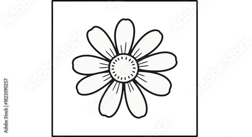 Simple black and white line drawing of a flower with rounded petals and a textured center, inside a square border.