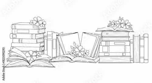 Black and white illustration of stacked books with open books and floral accents. Line art style, suggestive of a coloring page or book illustration.