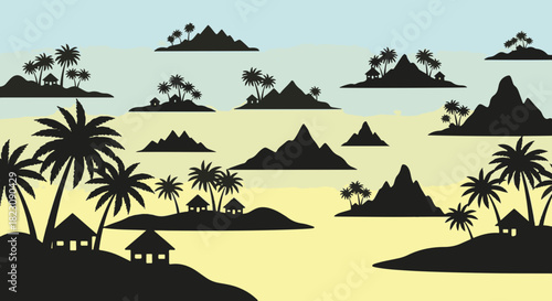Silhouette islands with palm trees and huts are scattered against a blue to yellow gradient background, evoking a tropical, peaceful, or dreamlike scene.