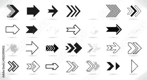 Set of different styled arrows pointing right. Collection includes solid, outlined, striped, and textured designs. Vector graphics on a white background.