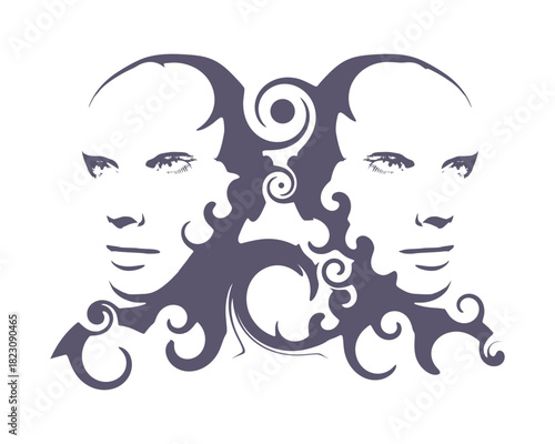 Two young women face front view. Melted with spiral and decorated by curls. Elegant silhouette of a female heads. Split personality disorder.