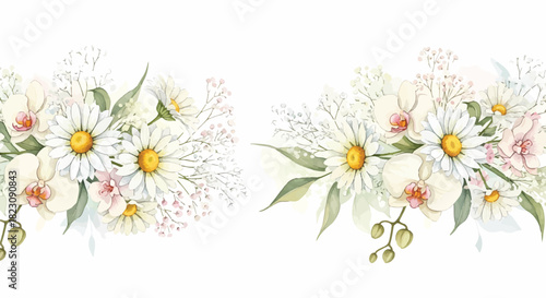 Watercolor floral arrangement featuring white daisies, orchids, and baby's breath. Soft, elegant design ideal for borders or decorative accents.
