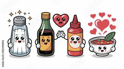 Cheerful vector food condiments with hearts