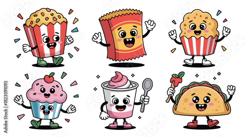 Cheerful animated food mascots set drawing