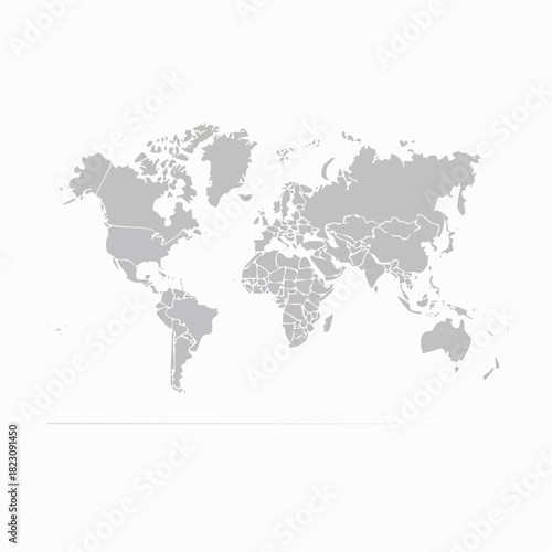 Detailed gray world map vector illustration on a clean white background. A global template showing continents like North and South America
