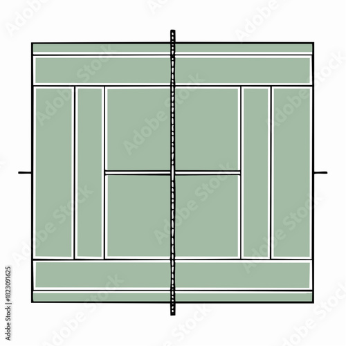 Top-down illustration of a tennis court layout, precisely depicting all white line markings on a green playing surface. Ideal for sports diagrams, event graphics, and instructional materials