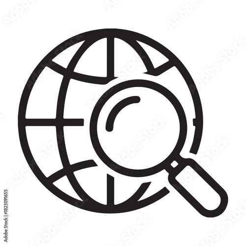 Magnifying glass over a stylized globe icon representing global search and exploration