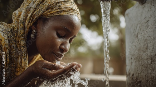 African woman drinking clean water from a tap