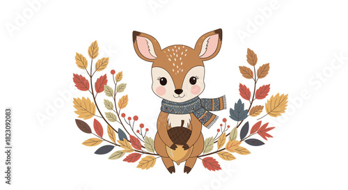 A cheerful hedgehog wearing a leaf hat and holding a small bundle of corn, smiling.