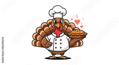 A cartoon chef turkey wearing a white chef's hat and coat, holding a freshly baked pie with hearts floating around it.