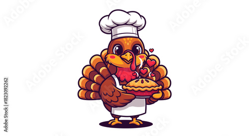 A cute cartoon turkey wearing a chef's hat and apron, holding a pie with hearts.