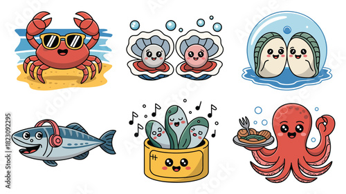 Cute cartoon sea creatures marine life set