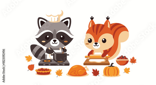 Cartoon raccoon and squirrel preparing Thanksgiving dinner with pie, turkey, and pumpkin.
