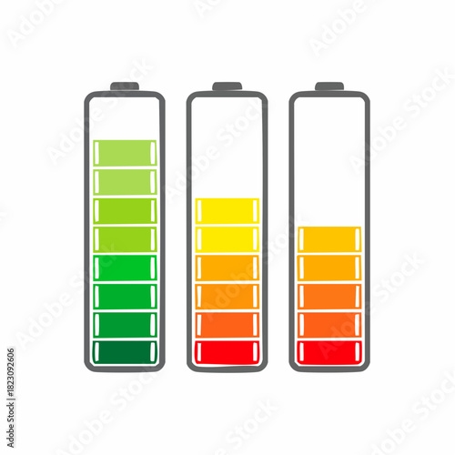 A set of battery charge level indicators showing various power statuses from full green to low red on an isolated background