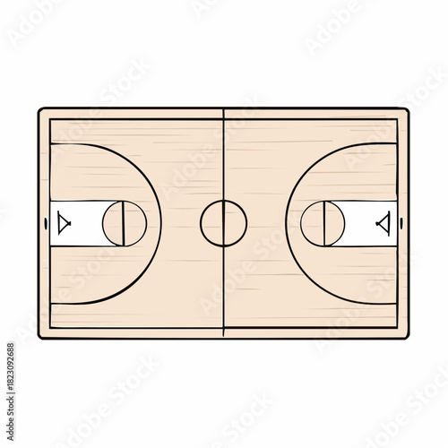Aerial view of a basketball court with clear lines and markings for the game, featuring a light wood finish and court boundaries