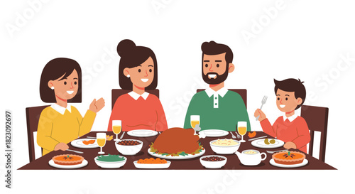 A happy cartoon family with a mother, father, son, and daughter enjoying a festive holiday dinner together at a dining table.