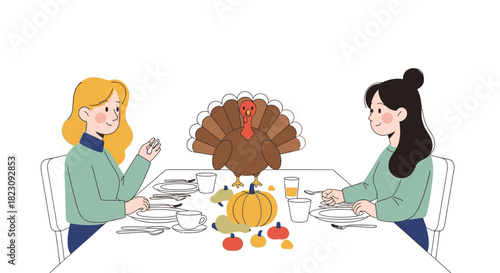 Two women sitting at a Thanksgiving dinner table with a turkey and pumpkins.