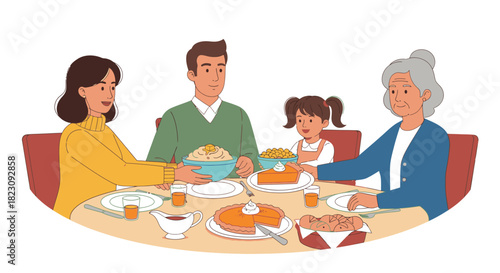 A multi-generational family enjoying a holiday meal together, featuring pumpkin pie and other dishes.