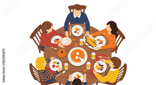 Thanksgiving dinner table scene with people enjoying a festive meal together.
