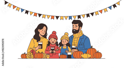 Family enjoying autumn with drinks and pumpkins under a festive banner.