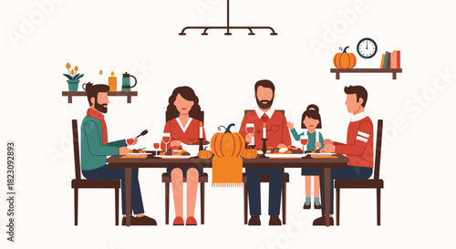 A diverse family enjoys a festive Thanksgiving dinner around a decorated table with pumpkins and autumn decorations.