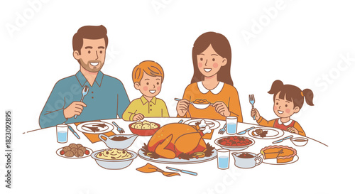 A happy family of four enjoying a festive holiday meal with a roasted turkey and various side dishes at a dining table.