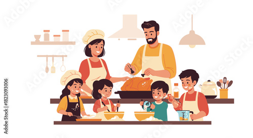 A happy family with a father, mother, and four children cooking a festive meal together in a modern kitchen.