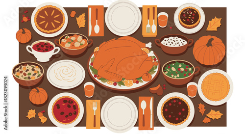 A Thanksgiving dinner table laden with a roasted turkey, various side dishes, pies, and pumpkins, set for a festive meal.