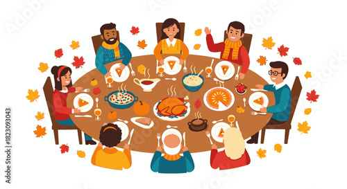 A diverse family gathering around a table for a festive Thanksgiving meal with turkey and pumpkin pie, surrounded by autumn leaves.