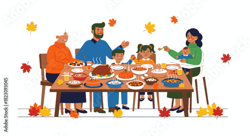 A family gathers around a table laden with food for a Thanksgiving feast, celebrating together.