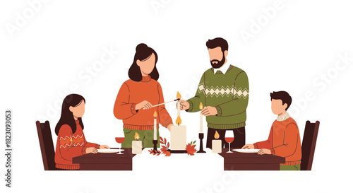 Family lighting candles at a dinner table, celebrating a holiday together.