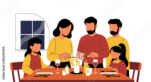 A warm illustration of a family of five lighting candles together at the dinner table for a celebration.