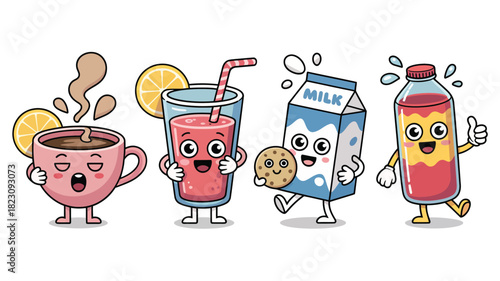 Cute animated beverage characters assortment