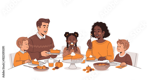 A diverse family enjoying a Thanksgiving or autumn holiday meal with pumpkin pie and festive decorations.